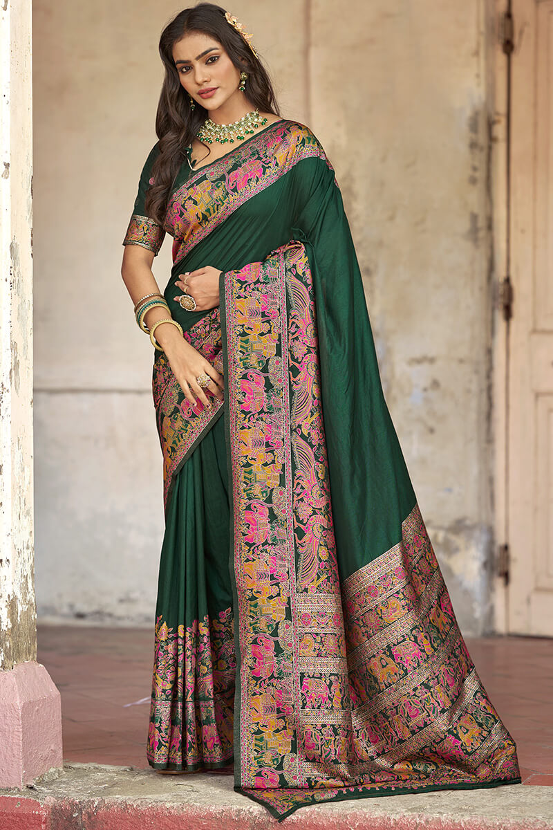 Demesne Dark Green Pashmina Saree With Demanding Blouse Piece