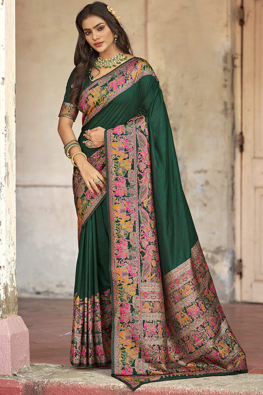 Demesne Dark Green Pashmina Saree With Demanding Blouse Piece