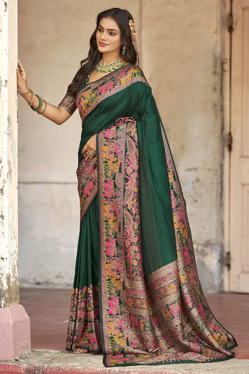 Demesne Dark Green Pashmina Saree With Demanding Blouse Piece