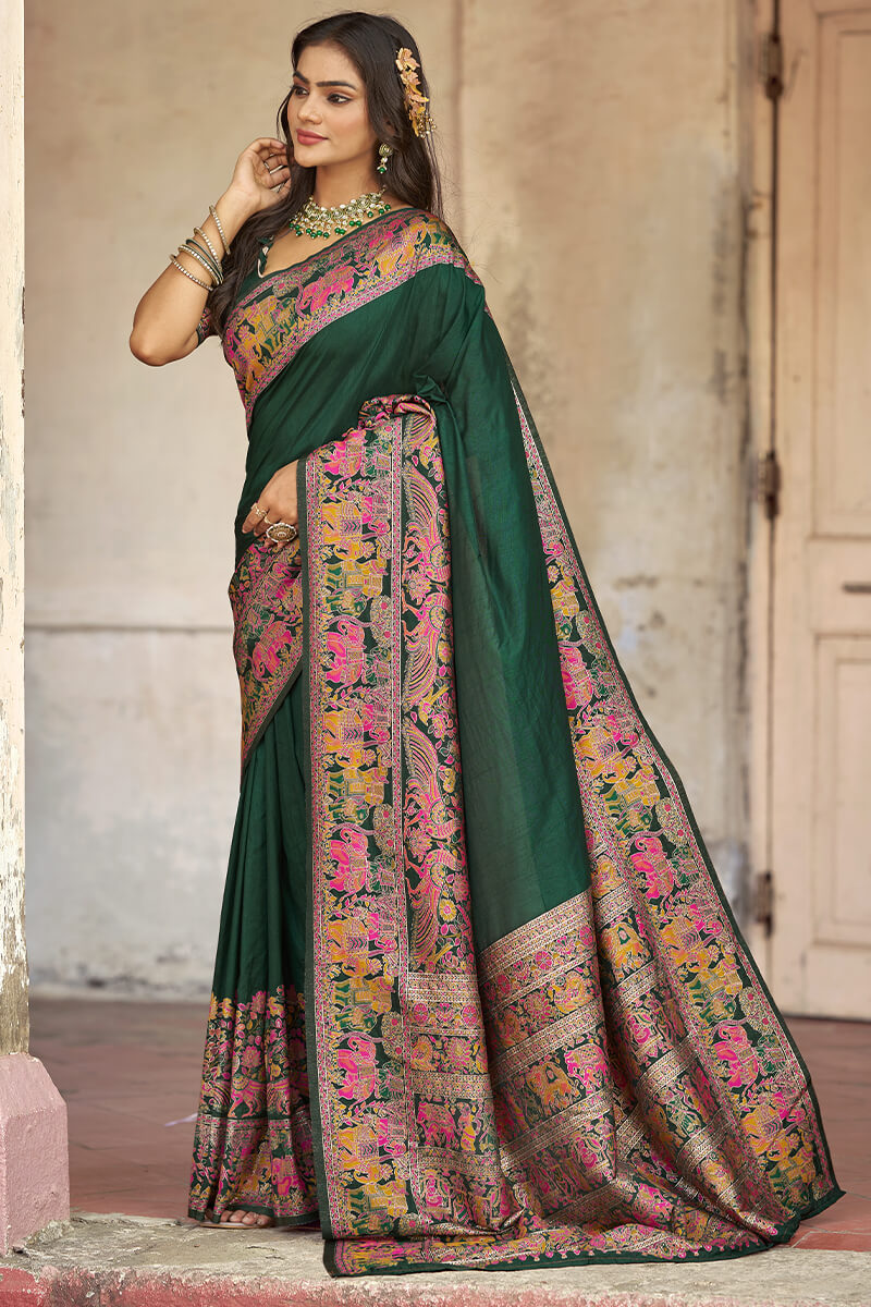 Demesne Dark Green Pashmina Saree With Demanding Blouse Piece