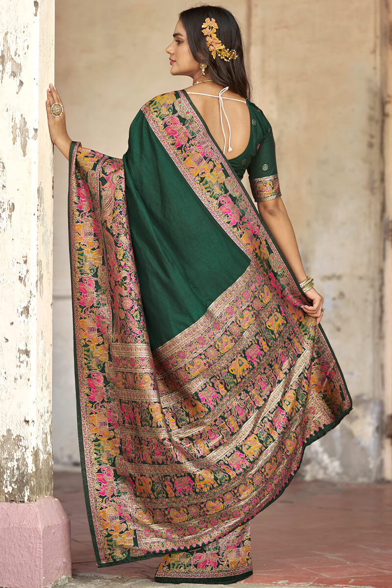Demesne Dark Green Pashmina Saree With Demanding Blouse Piece