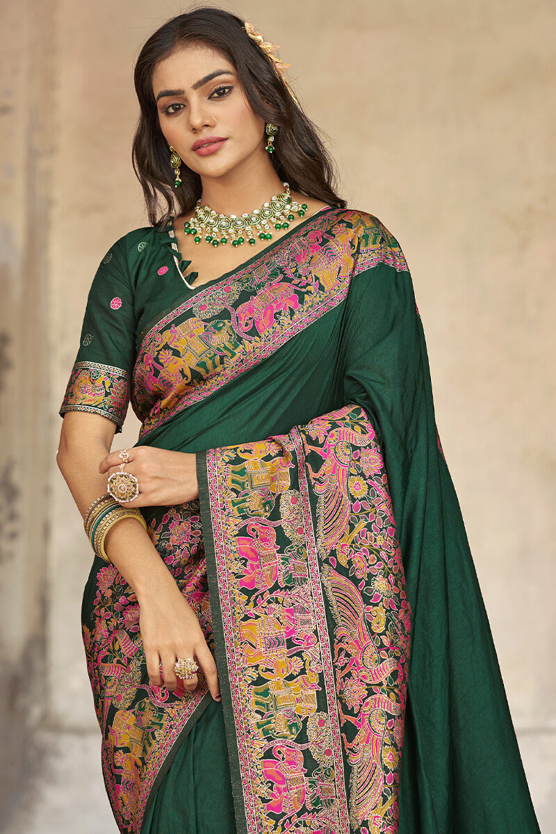 Demesne Dark Green Pashmina Saree With Demanding Blouse Piece