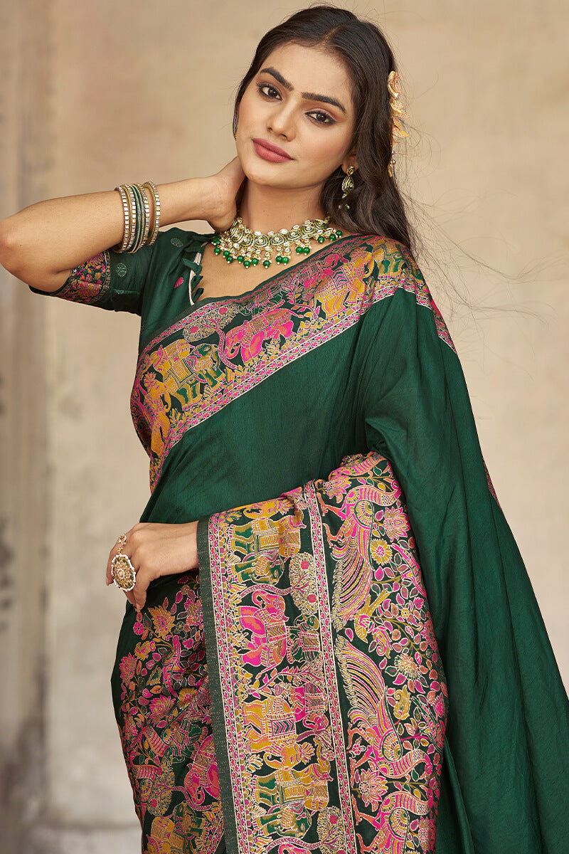 Demesne Dark Green Pashmina Saree With Demanding Blouse Piece