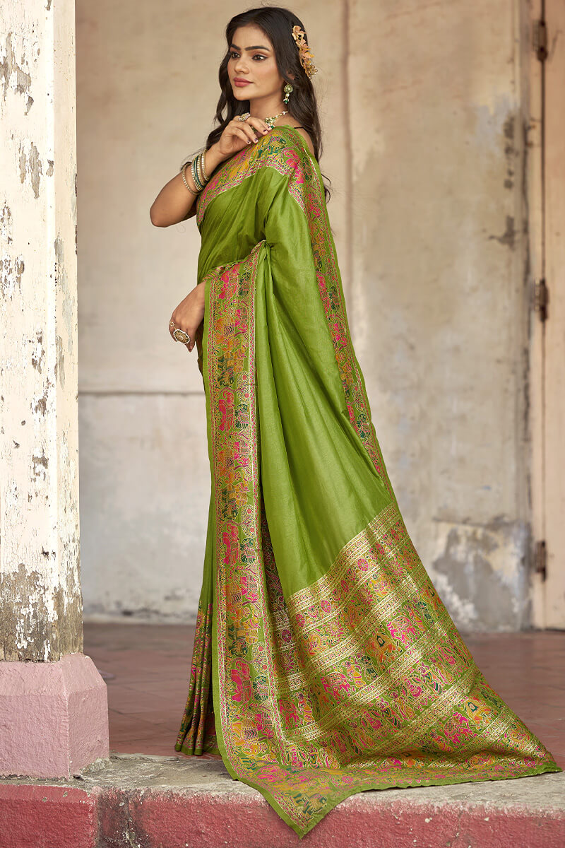 Incredible Green Pashmina Saree With Gratifying Blouse Piece