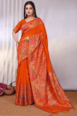 Charismatic Orange Pashmina Saree With Gossamer Blouse Piece