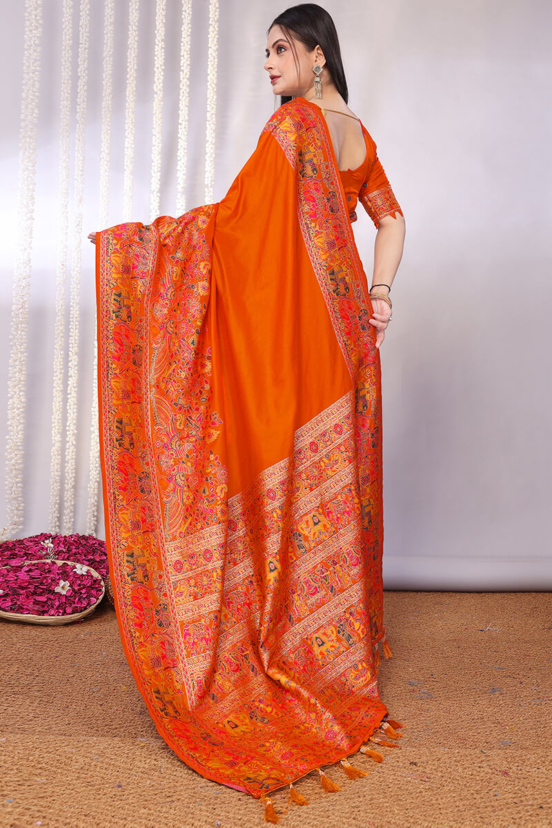 Charismatic Orange Pashmina Saree With Gossamer Blouse Piece