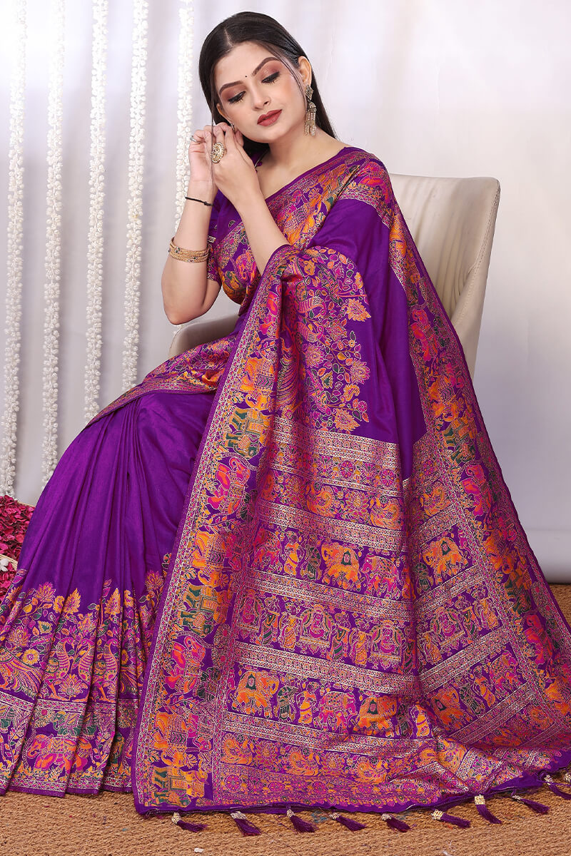 Desiring Purple Pashmina Saree With Lovely Blouse Piece