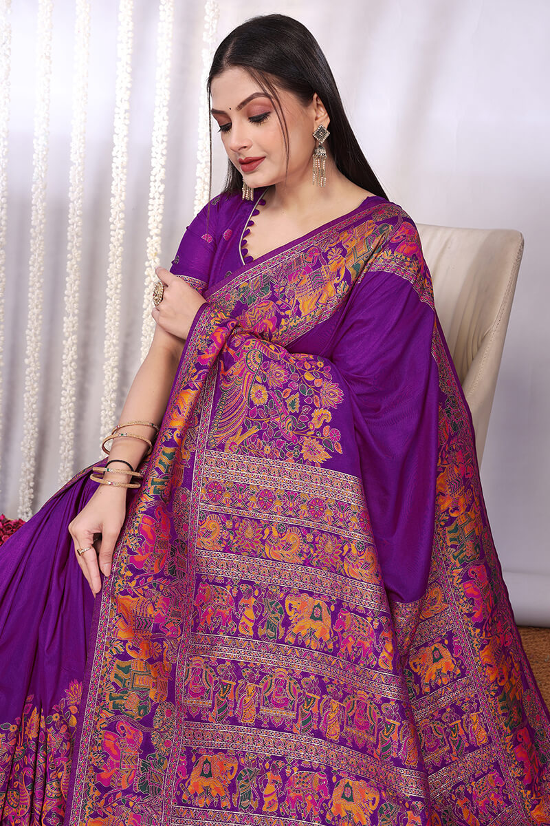 Desiring Purple Pashmina Saree With Lovely Blouse Piece