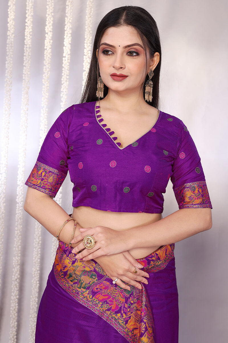 Desiring Purple Pashmina Saree With Lovely Blouse Piece
