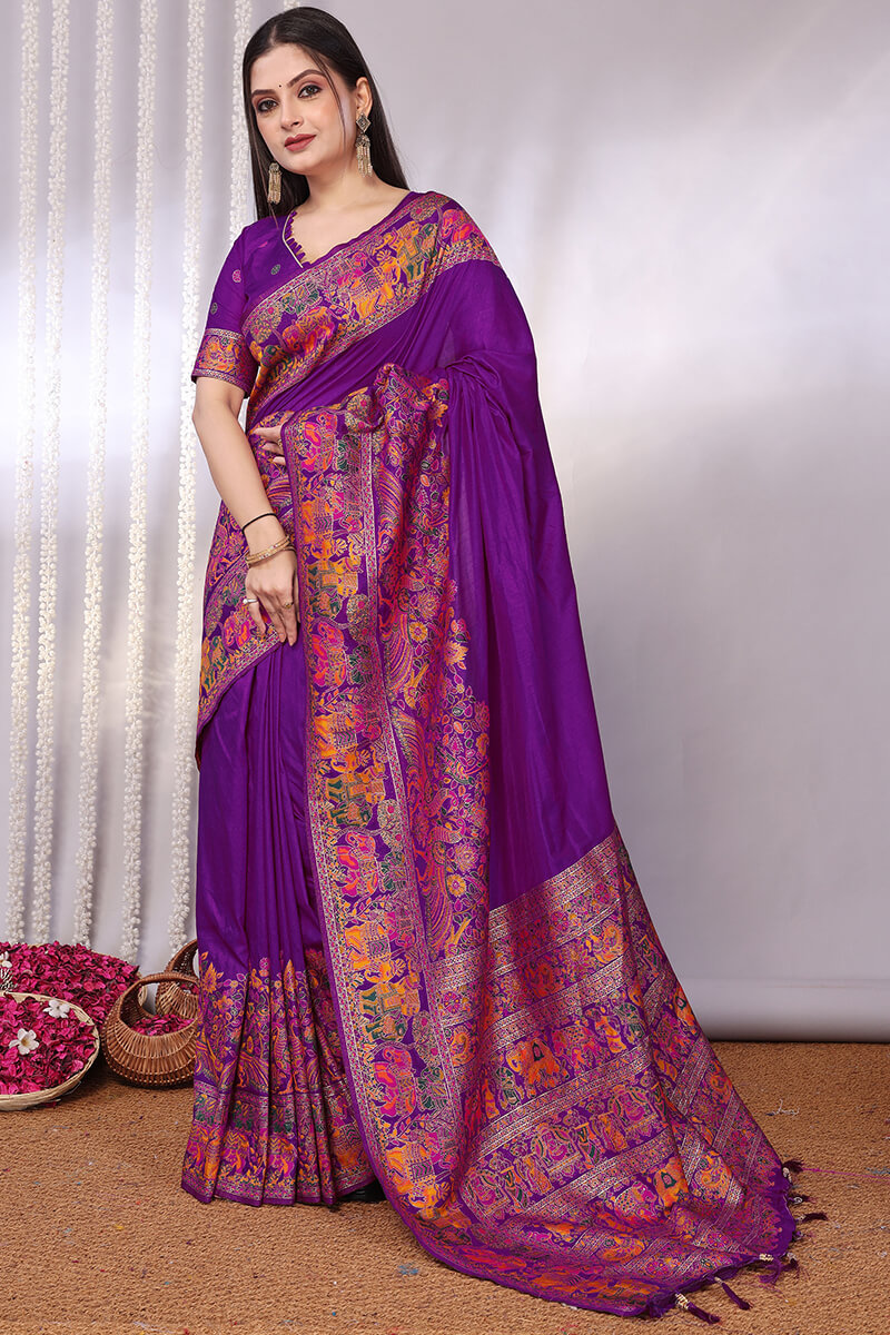 Desiring Purple Pashmina Saree With Lovely Blouse Piece