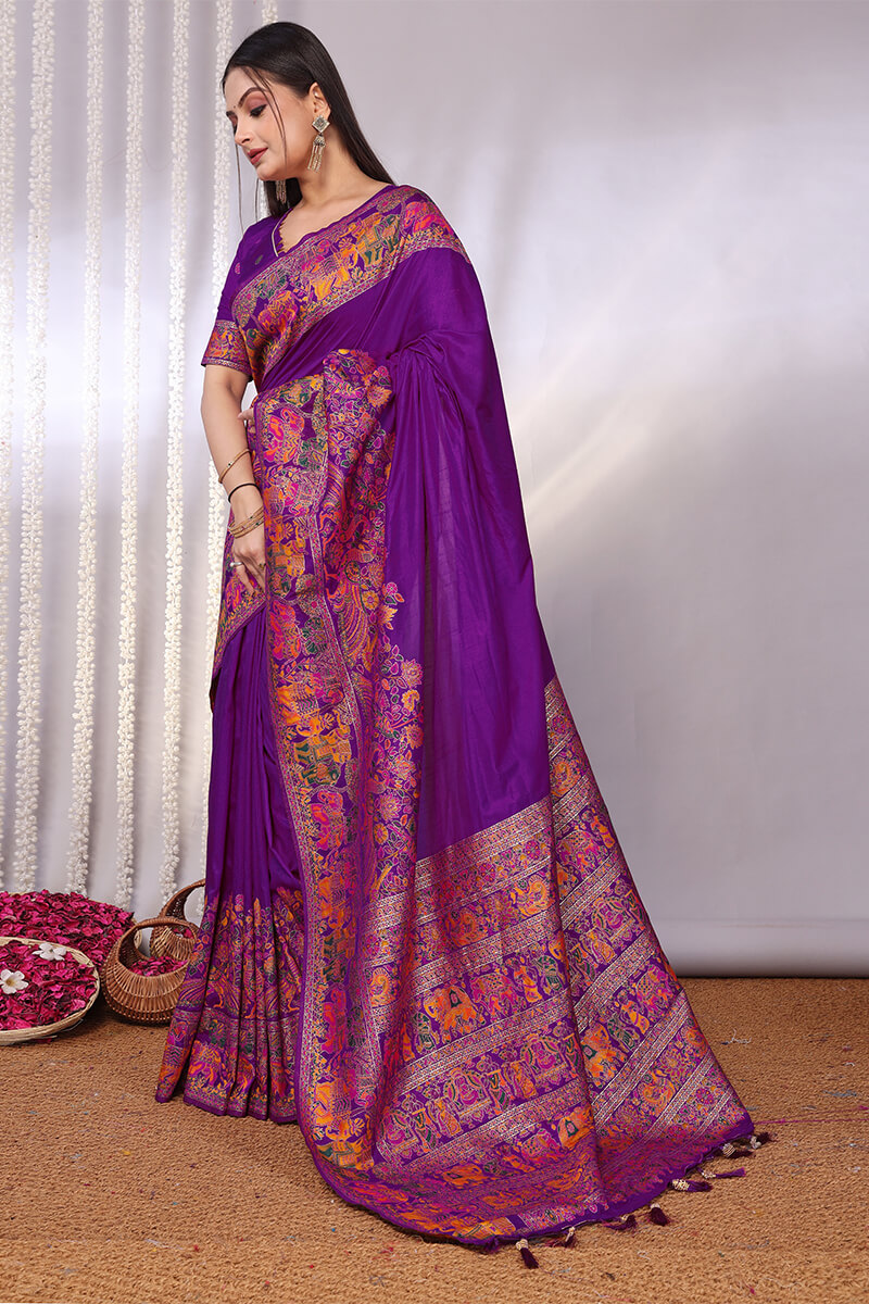 Desiring Purple Pashmina Saree With Lovely Blouse Piece