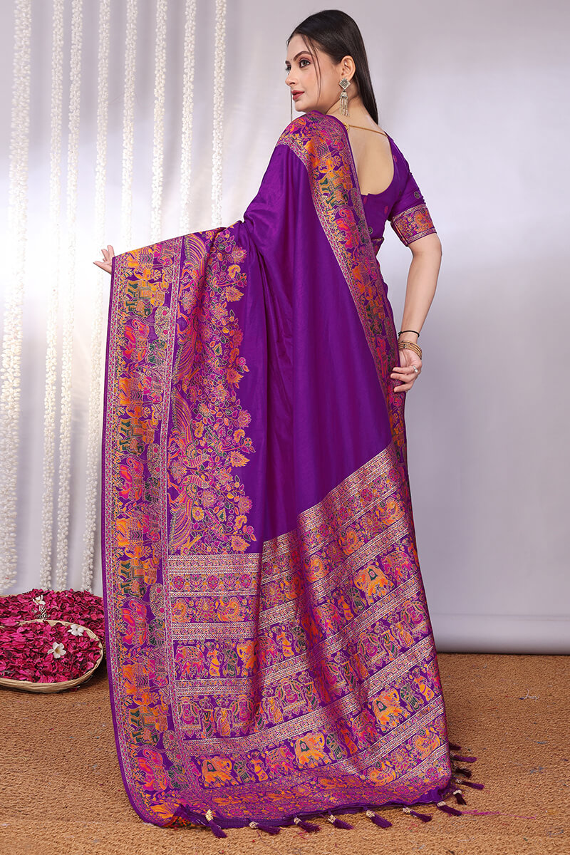 Desiring Purple Pashmina Saree With Lovely Blouse Piece