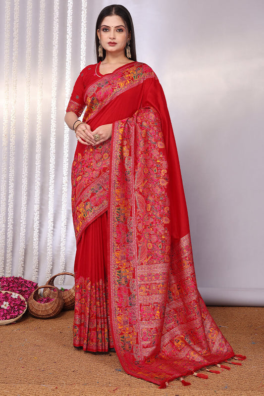 Gorgeous Red Pashmina Saree With Energetic Blouse Piece