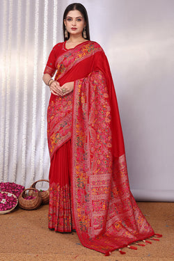 Gorgeous Red Pashmina Saree With Energetic Blouse Piece