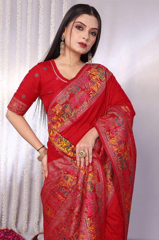 Gorgeous Red Pashmina Saree With Energetic Blouse Piece