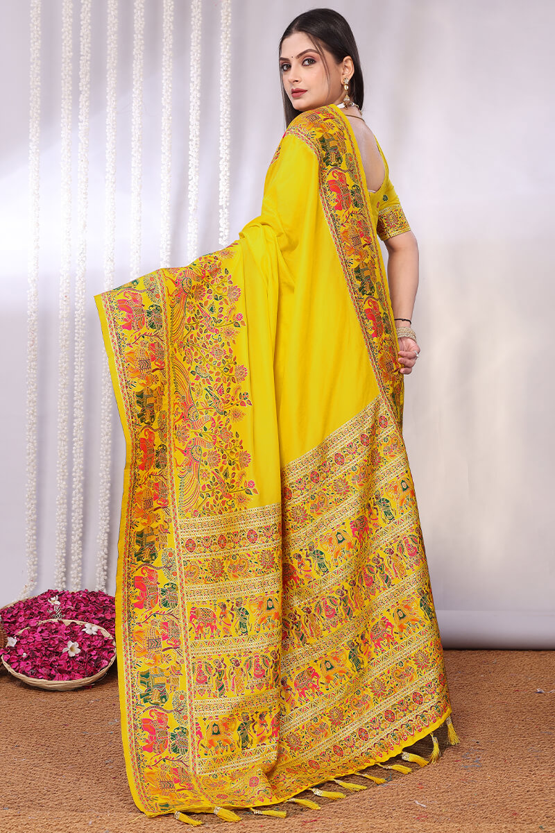 Precious Yellow Pashmina Saree With Artistic Blouse Piece