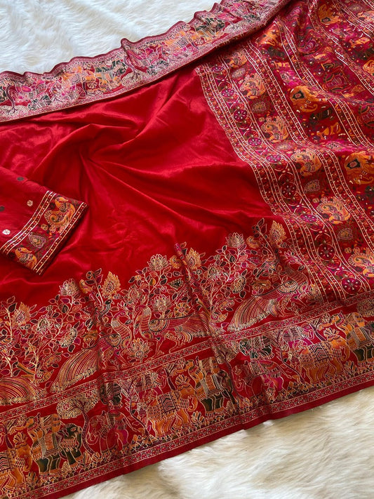 Flamboyant Red Pashmina Saree With Radiant Blouse Piece