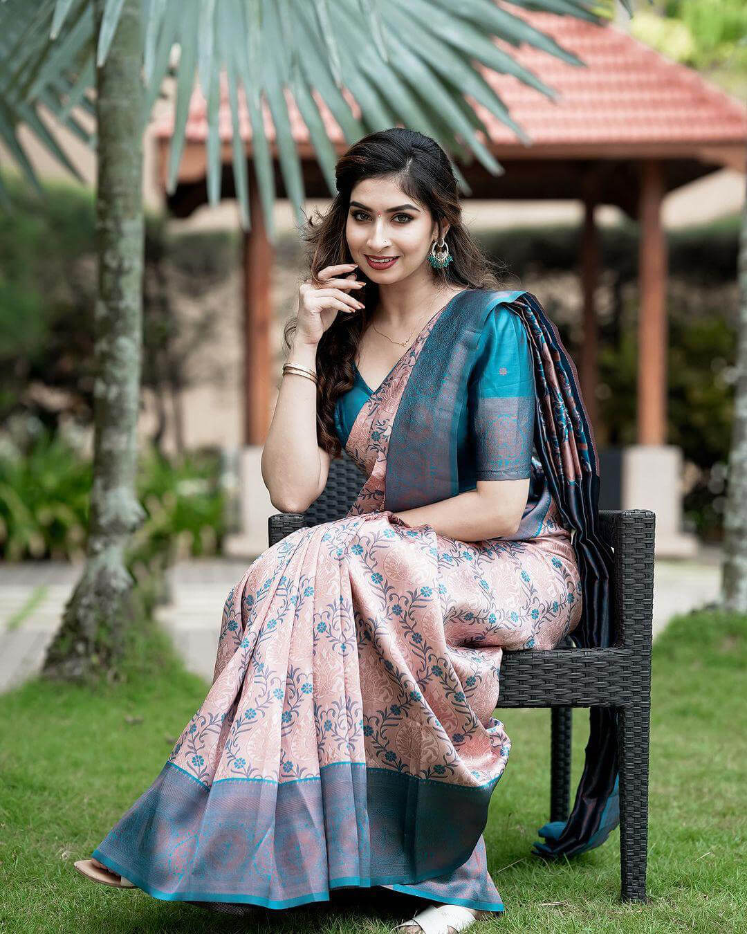 Excellent Peach Soft Silk Saree With Assemblage Blouse Piece