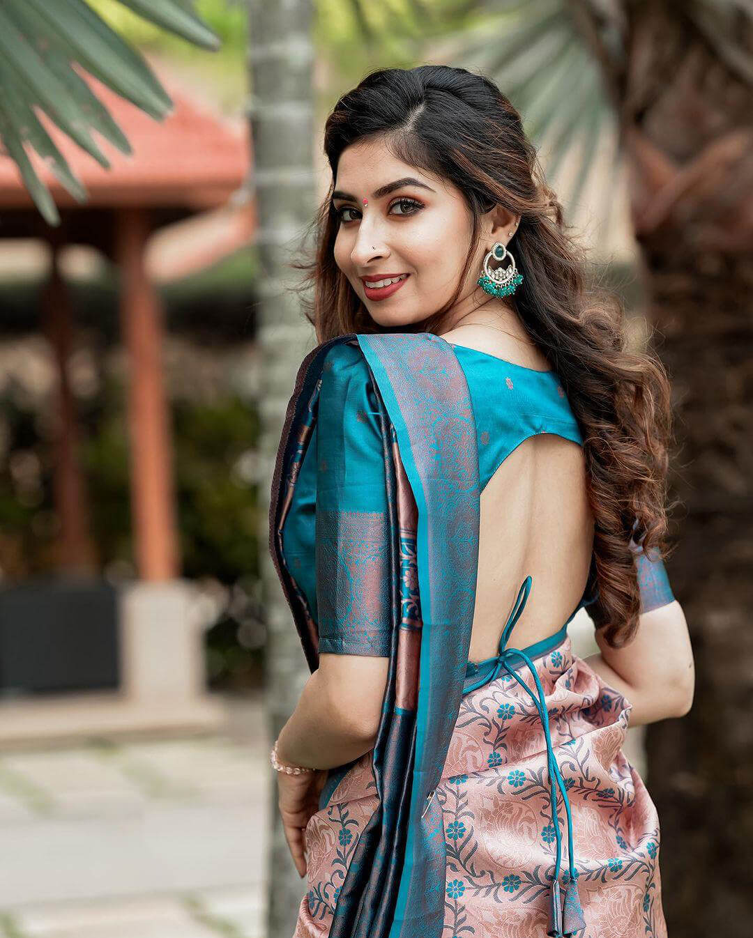Excellent Peach Soft Silk Saree With Assemblage Blouse Piece