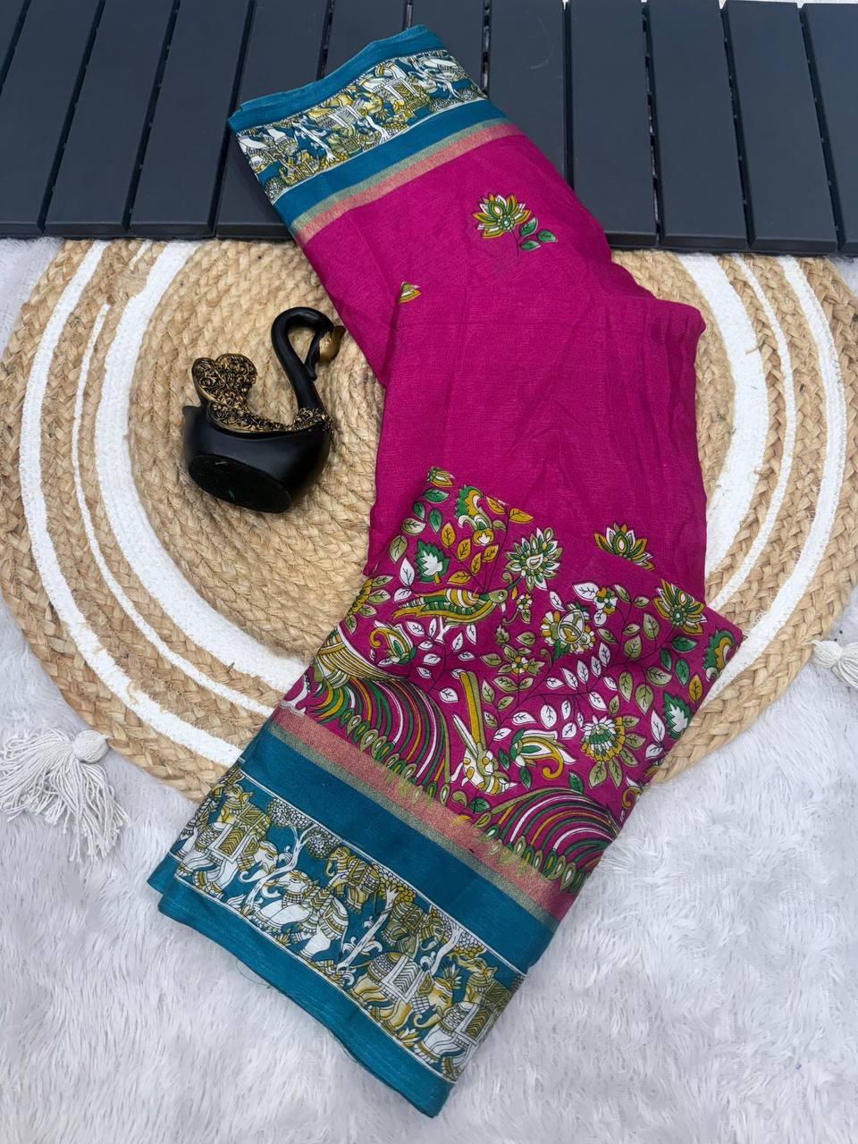 Winsome Dark Pink Digital Printed Dola Silk Saree With Ineffable Blouse Piece