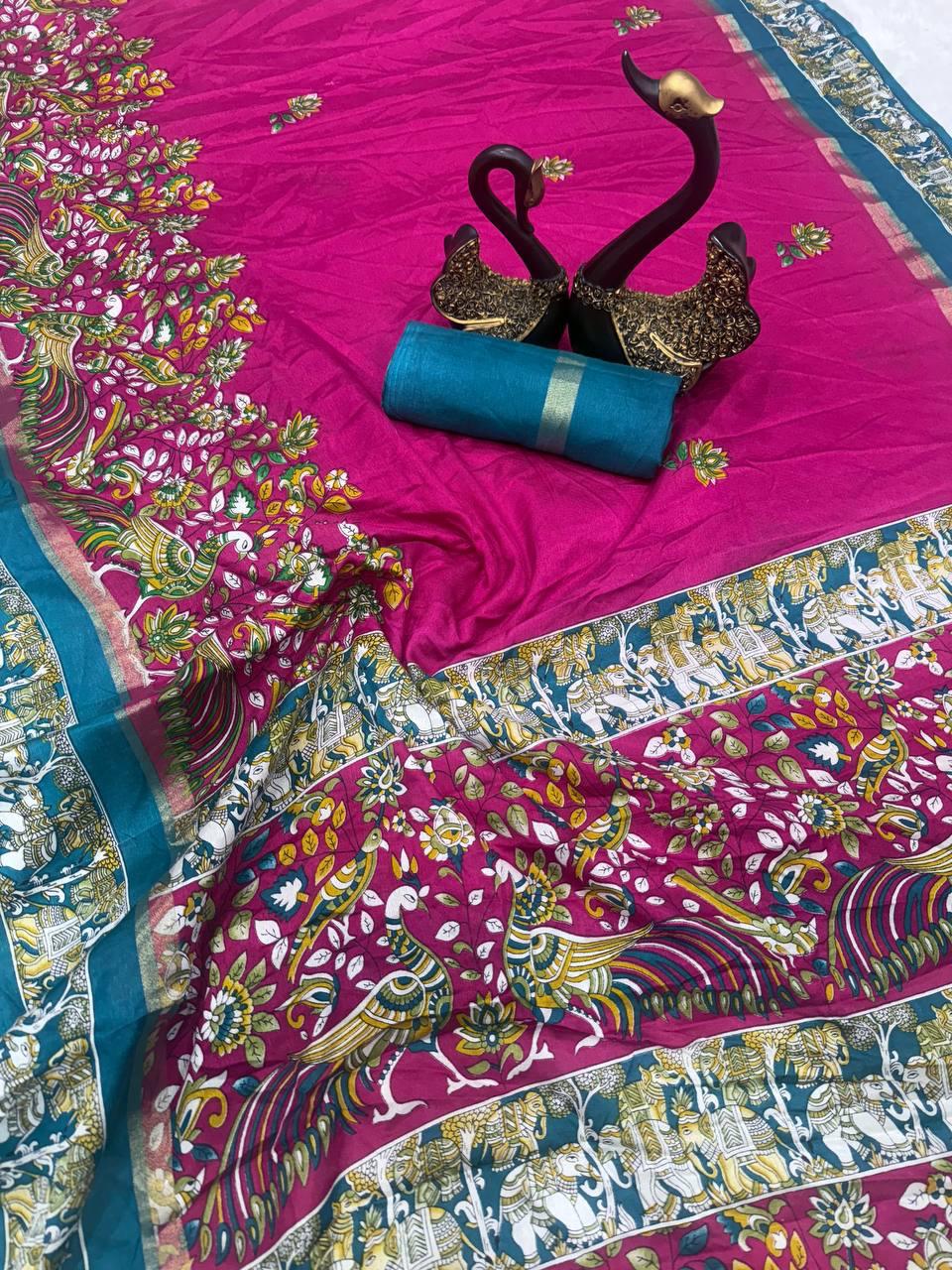 Winsome Dark Pink Digital Printed Dola Silk Saree With Ineffable Blouse Piece