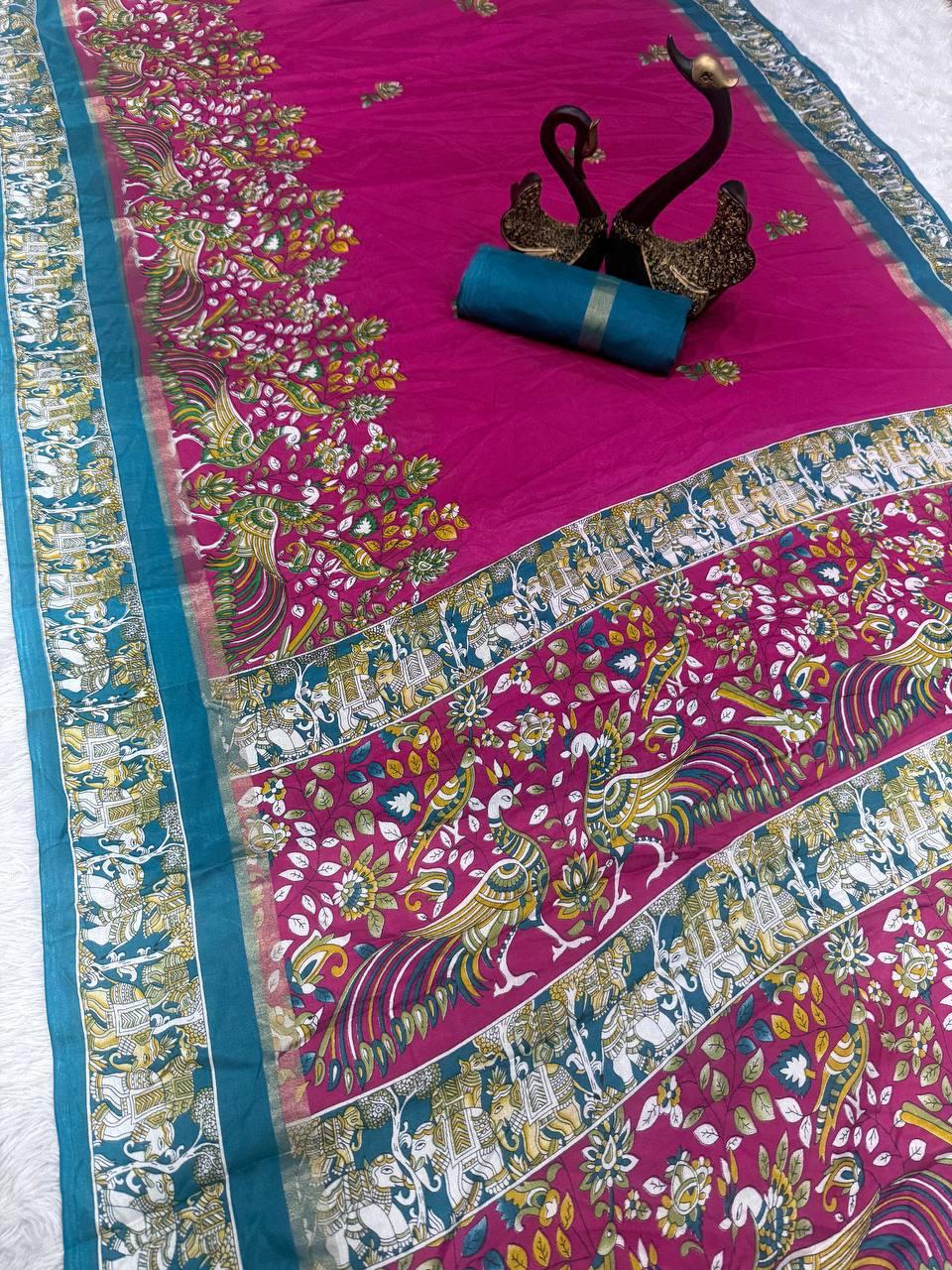 Winsome Dark Pink Digital Printed Dola Silk Saree With Ineffable Blouse Piece
