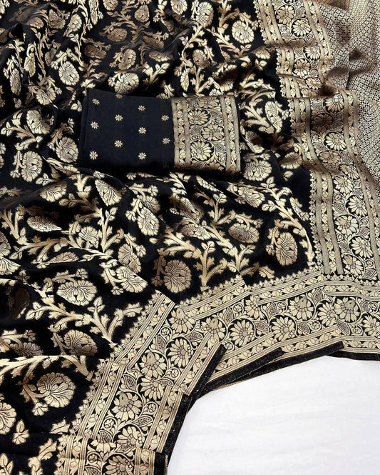 Outstanding Black Soft Banarasi Silk Saree With Invaluable Blouse Piece