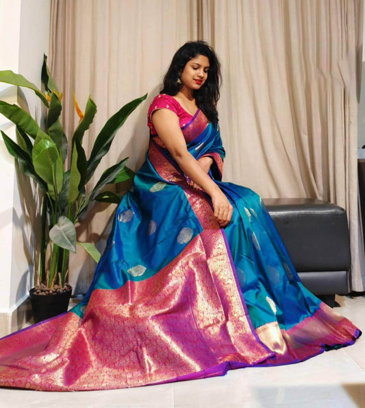 Quixotic Blue Soft Banarasi Silk Saree With Resonant Blouse Piece