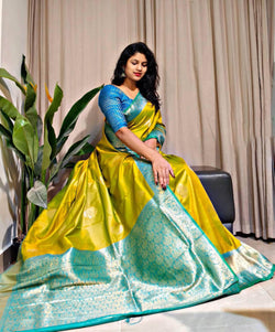 Embellished Mustard Soft Banarasi Silk Saree With Ephemeral Blouse Piece
