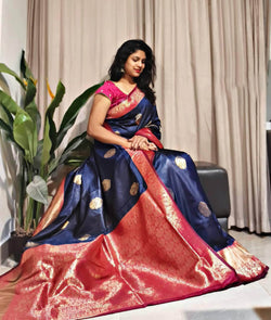 Rhapsodic Navy Blue Soft Banarasi Silk Saree With Enigmatic Blouse Piece