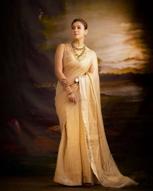 Charming Beige Soft Tissue Silk Saree With Sizzling Blouse Piece