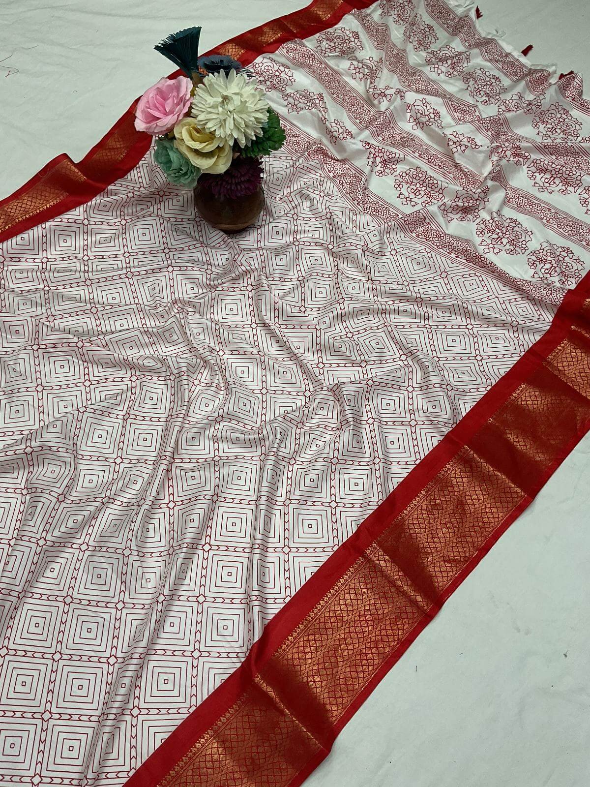 Precious Off White Digital Printed Dola Silk Saree With Opulent Blouse Piece