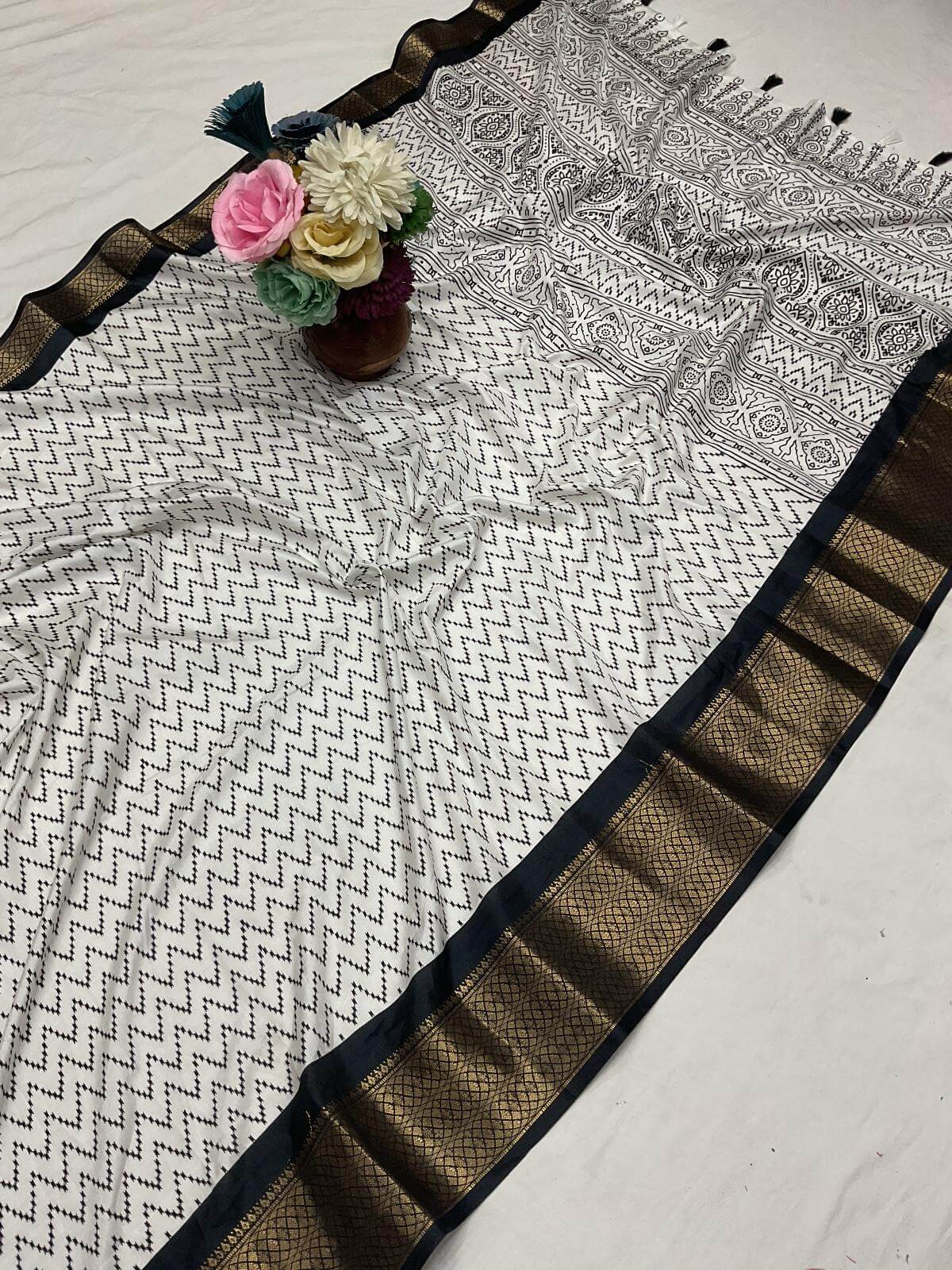 Rhapsodic Off White Digital Printed Dola Silk Saree With Innovative Blouse Piece