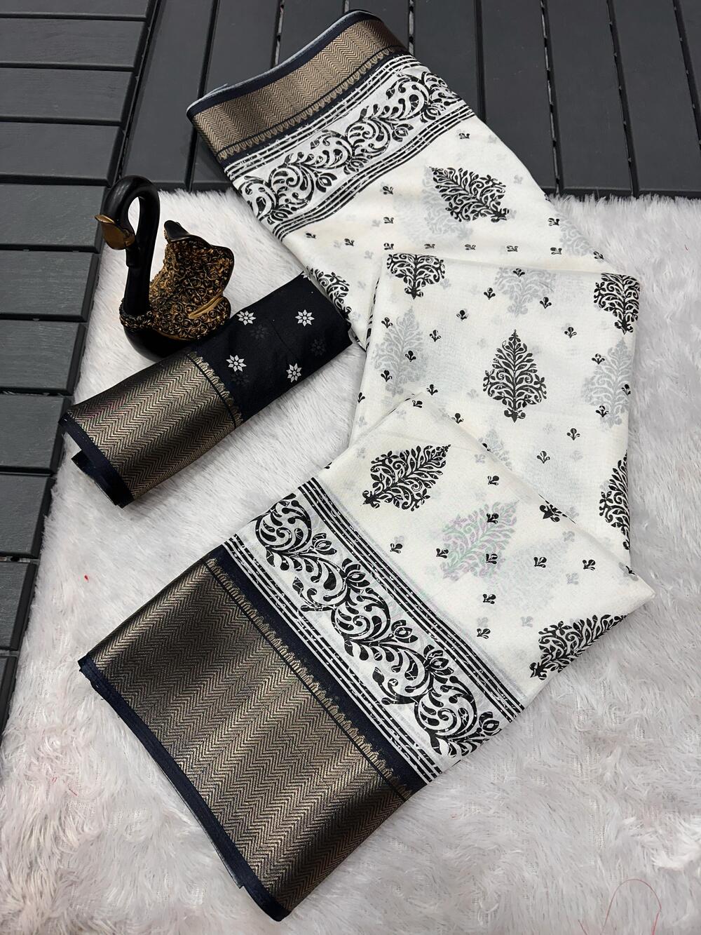Transcendent Off White Digital Printed Dola Silk Saree With Beguiling Blouse Piece