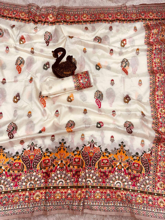 Fantabulous Beige Pashmina Saree With Radiant Blouse Piece