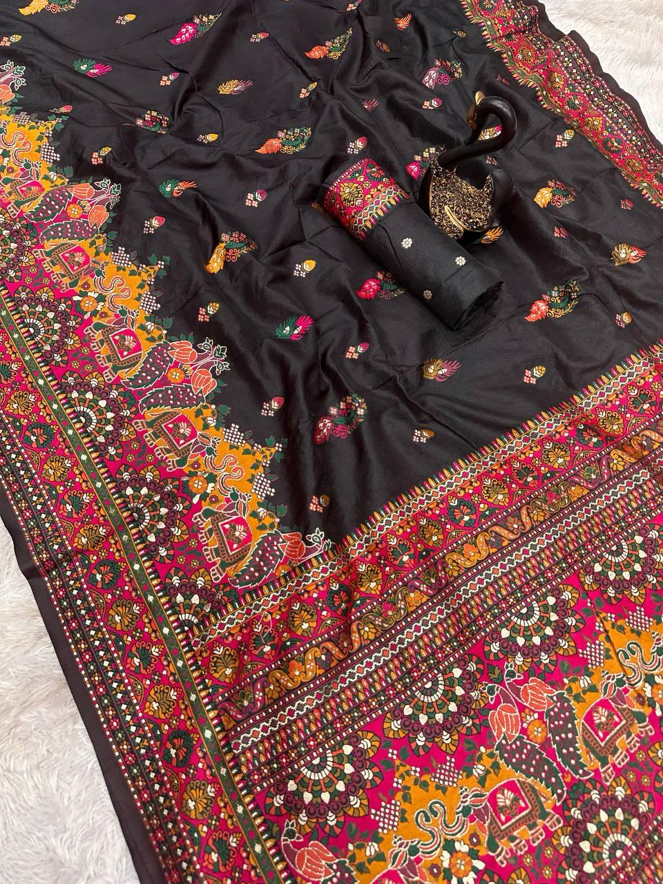 Entrancing Black Pashmina Saree With Panoply Blouse Piece