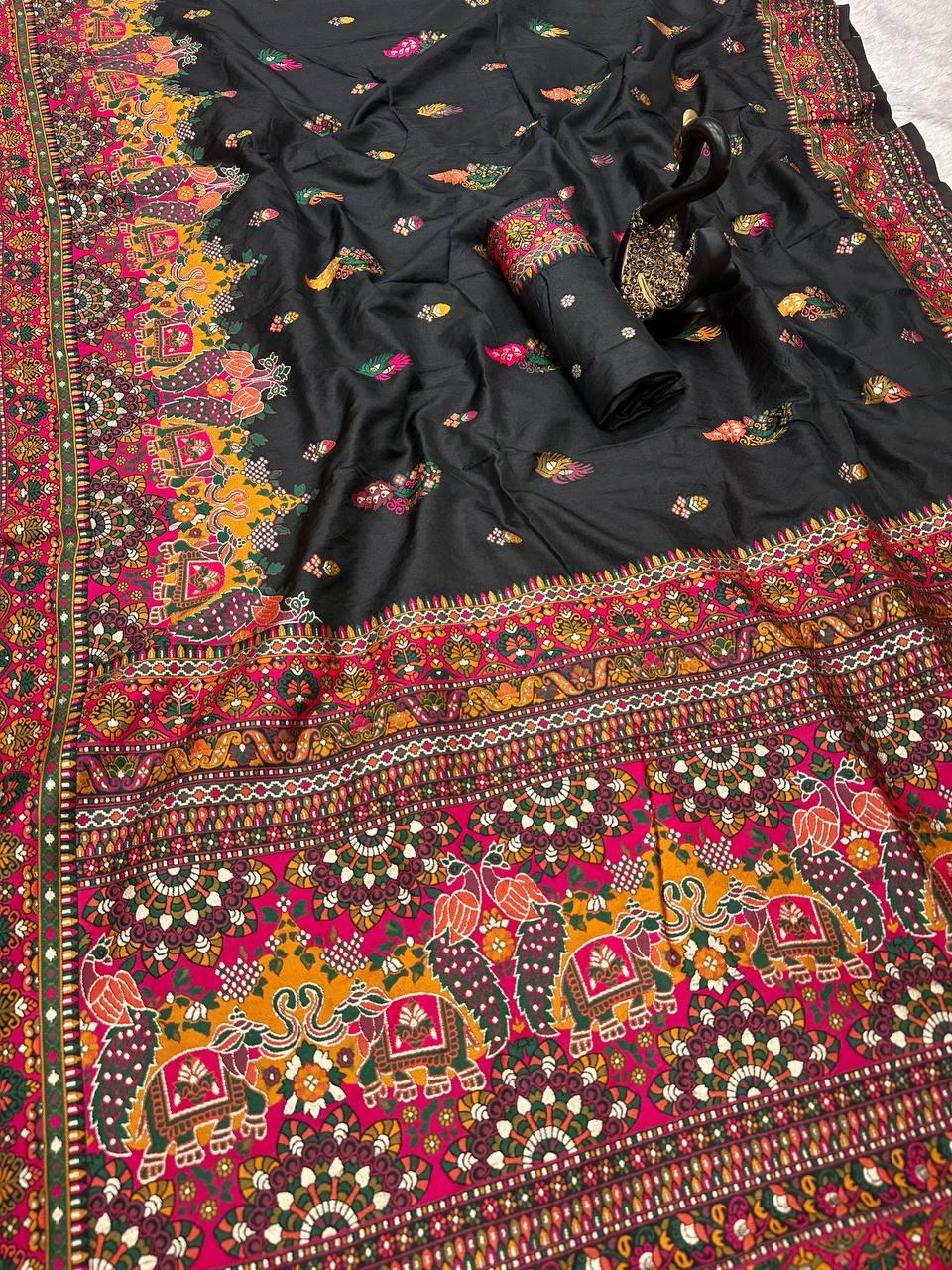 Entrancing Black Pashmina Saree With Panoply Blouse Piece