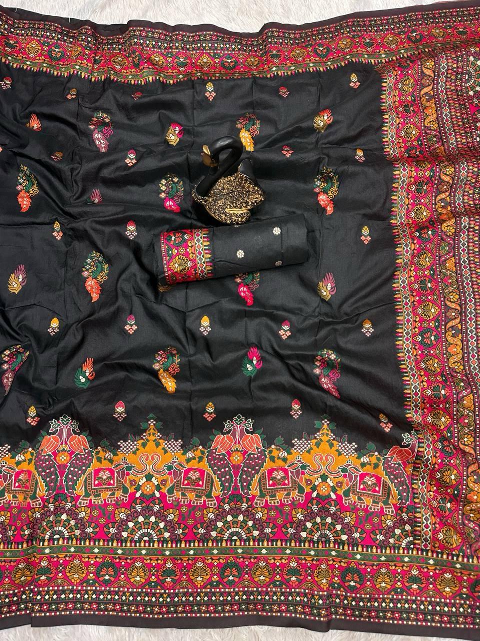 Entrancing Black Pashmina Saree With Panoply Blouse Piece