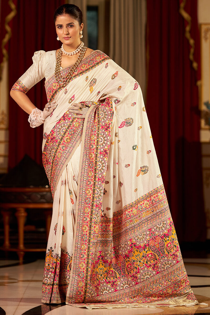 Ebullience Beige Pashmina Saree With Opulent Blouse Piece