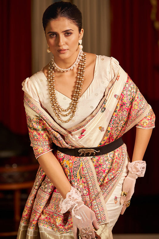 Ebullience Beige Pashmina Saree With Opulent Blouse Piece