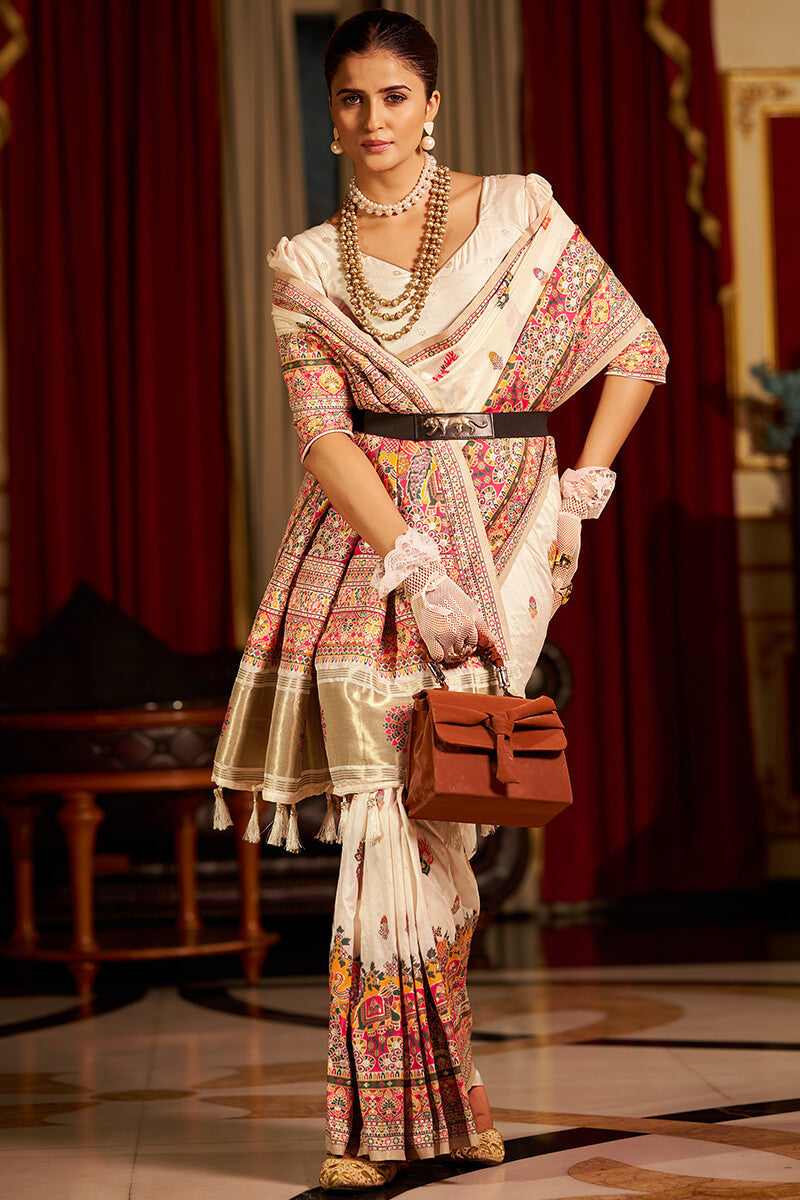 Ebullience Beige Pashmina Saree With Opulent Blouse Piece