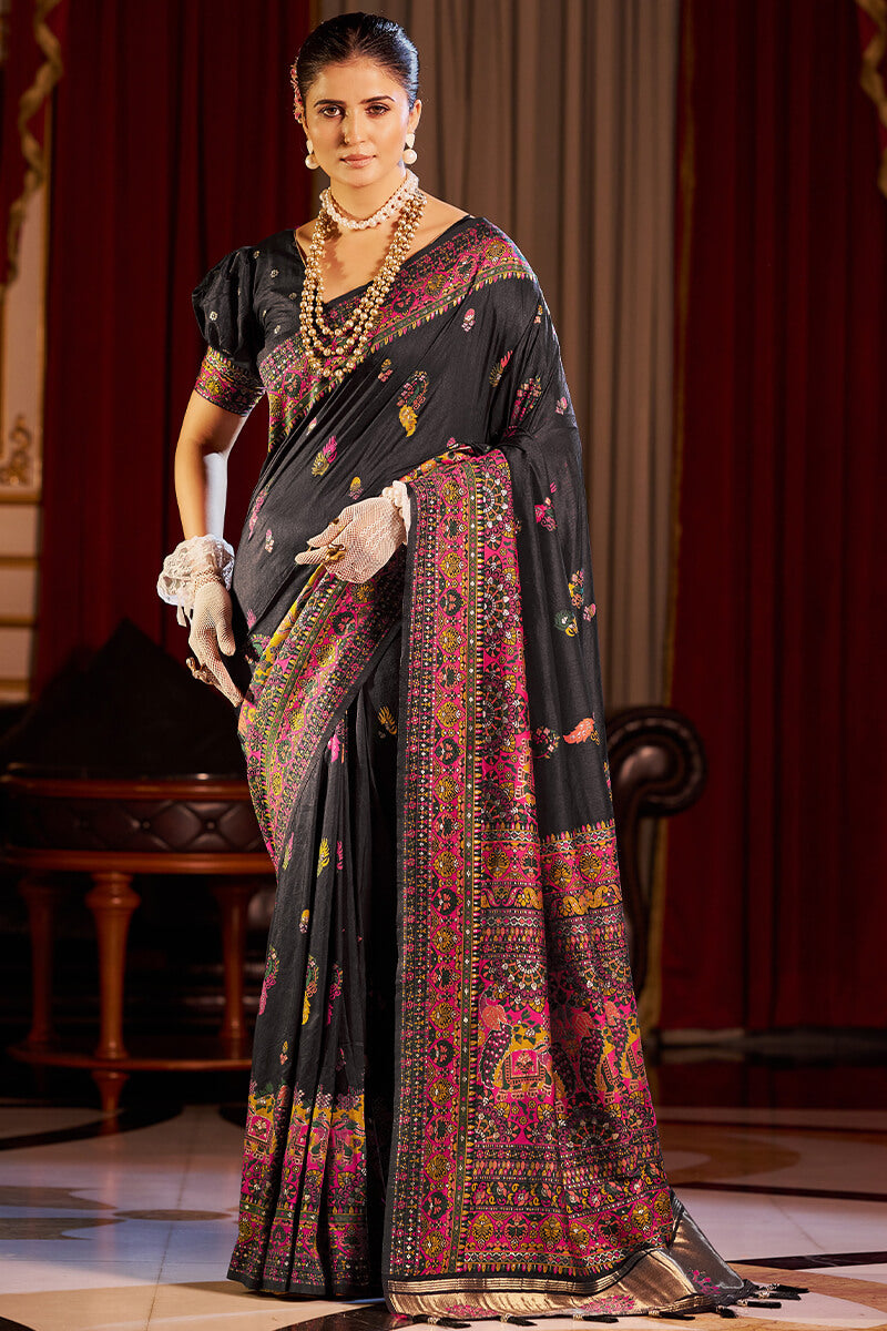 Serendipity Black Pashmina Saree With Rhapsodic Blouse Piece