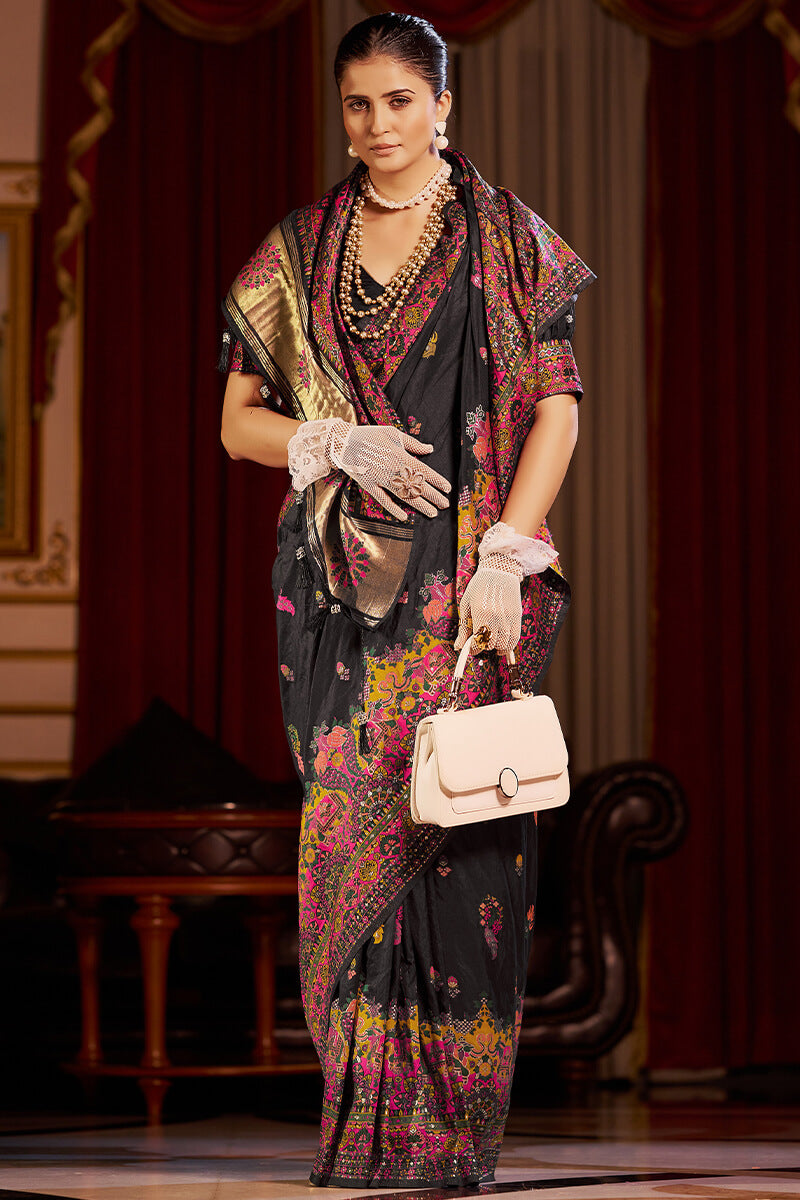 Serendipity Black Pashmina Saree With Rhapsodic Blouse Piece