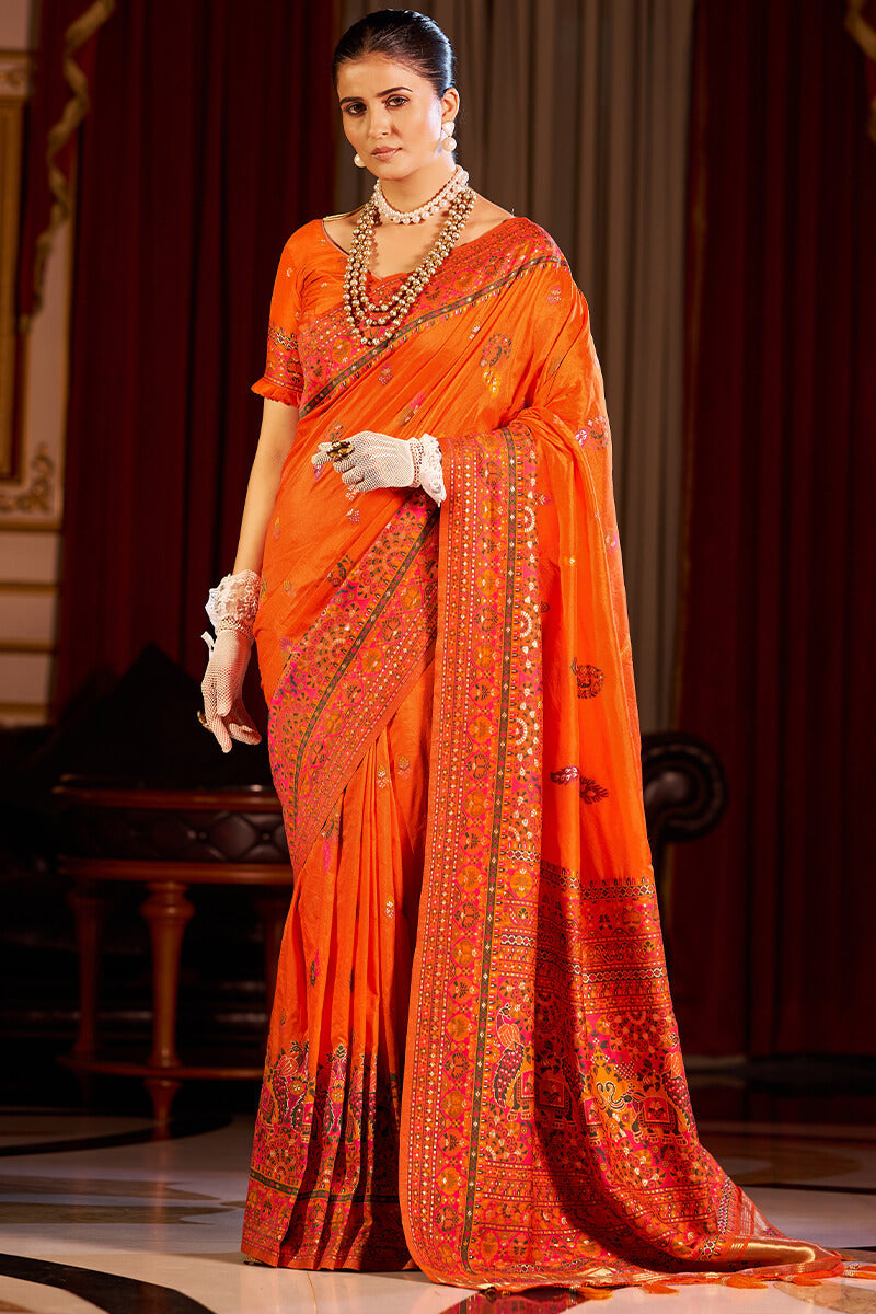 Luminous Orange Pashmina Saree With Beautiful Blouse Piece