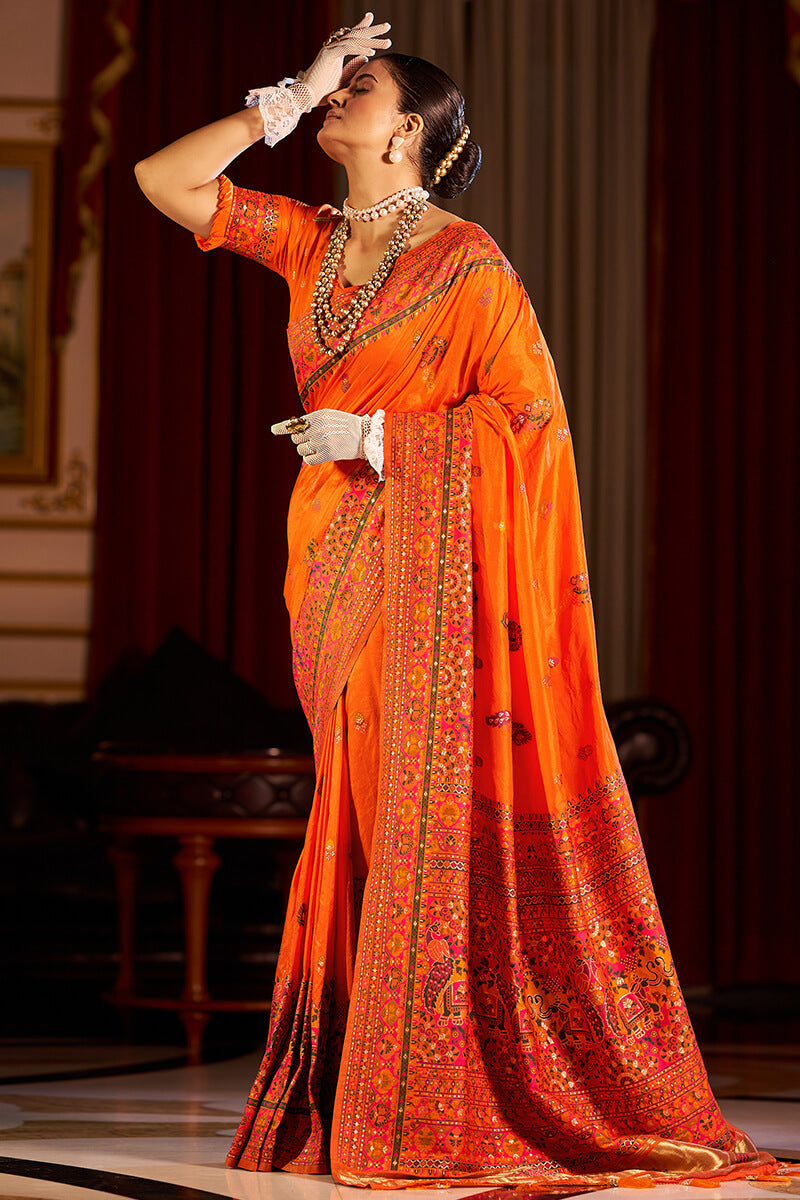 Luminous Orange Pashmina Saree With Beautiful Blouse Piece