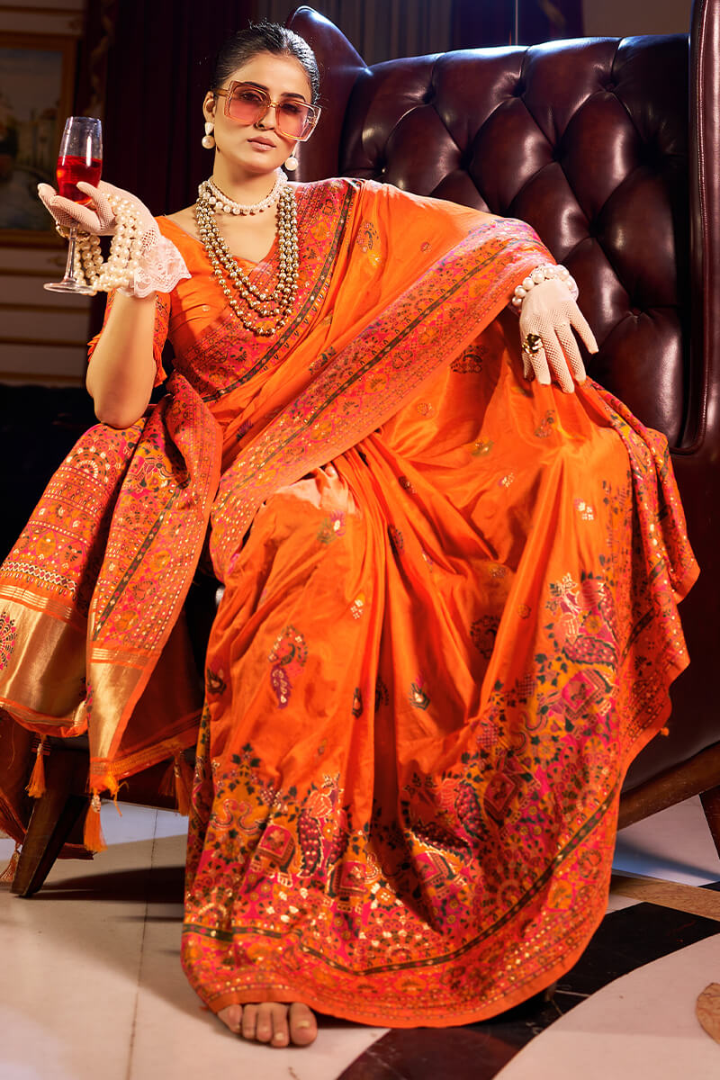 Luminous Orange Pashmina Saree With Beautiful Blouse Piece