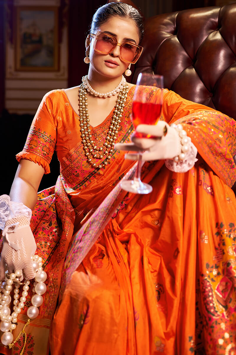 Luminous Orange Pashmina Saree With Beautiful Blouse Piece
