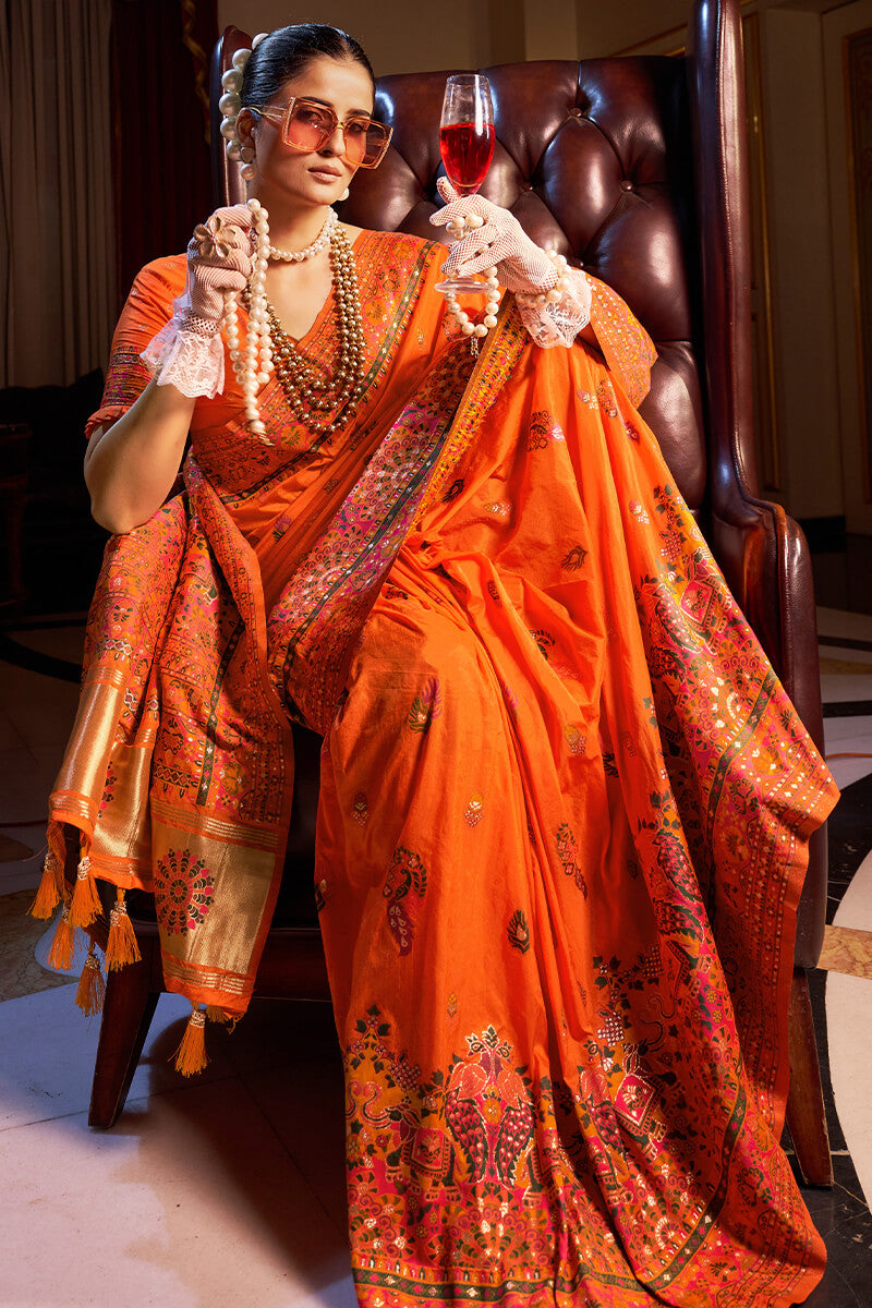 Luminous Orange Pashmina Saree With Beautiful Blouse Piece