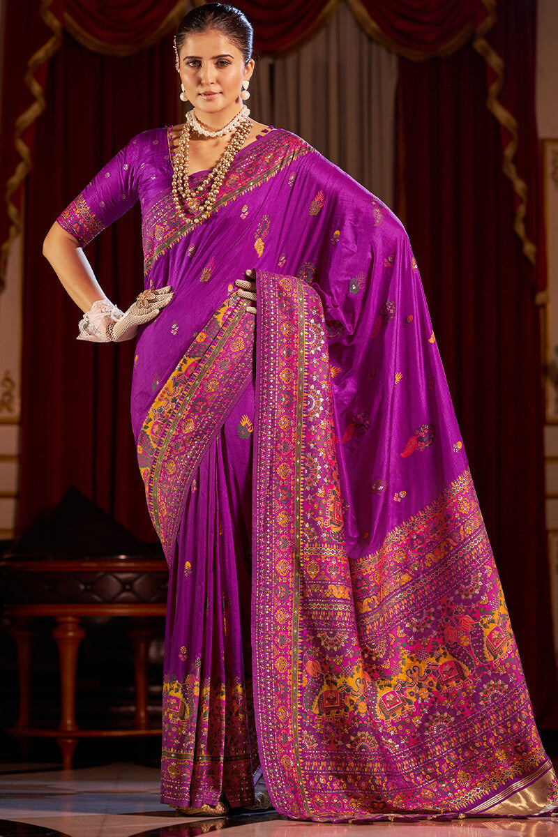 Engaging Purple Pashmina Saree With Desuetude Blouse Piece