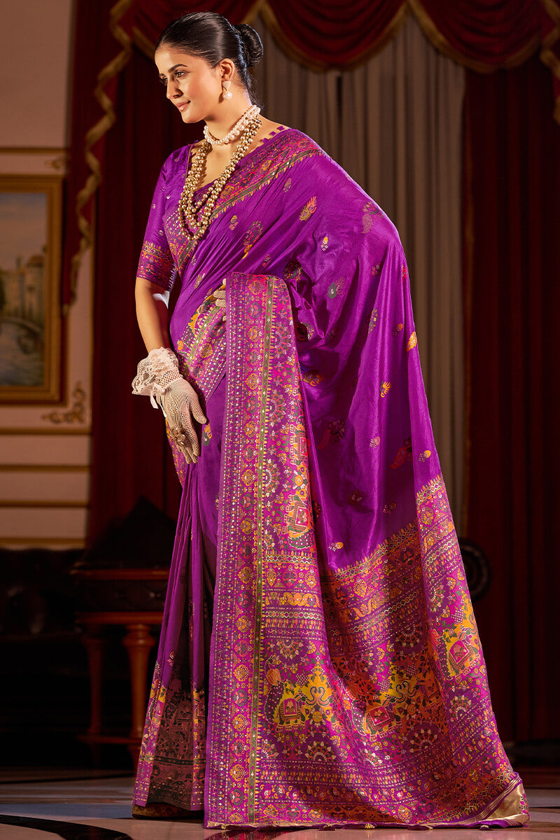 Engaging Purple Pashmina Saree With Desuetude Blouse Piece